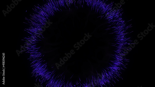 Dark blue particles explosion. Bokeh lights. Shockwave circle. Round frame. Isolated on black. Glowing trails. 3D rendering