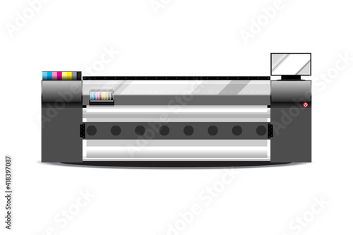 Wide format Large Black Printer with 6 printheads and Screen Monitor. This machine for Advertisement Sign and Banner industry. Vector illustration with layers.