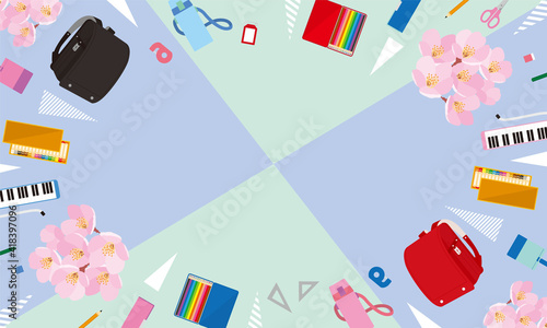 入学準備品と桜のポップな背景イラスト-青緑2色
