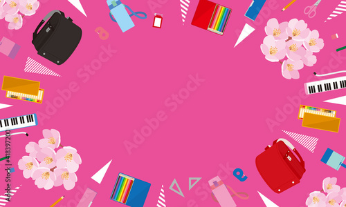 入学準備品と桜のポップな背景イラスト-ピンク