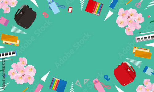 入学準備品と桜のポップな背景イラスト-緑