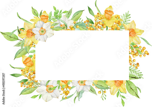 Watercolor frame with yellow spring flowers. Daffodils and mimosa branches template. Mother's Day card