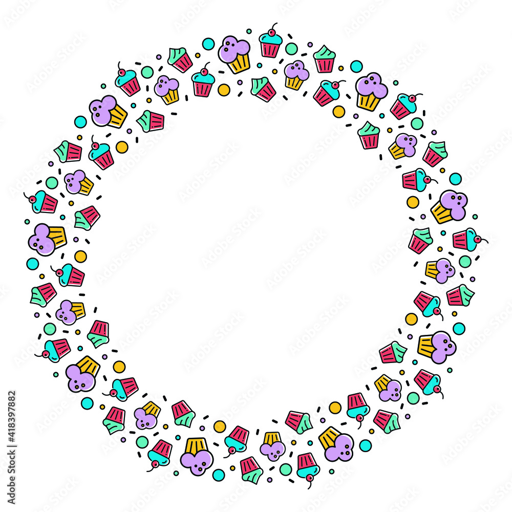 Ring cupcakes, confectionery vector illustration. Frame for a business card or postcard. A wreath for a pastry shop, an element for business cards and invitations