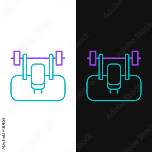 Line Bench with barbel icon isolated on white and black background. Gym equipment. Bodybuilding, powerlifting, fitness concept. Colorful outline concept. Vector.