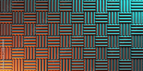 Wall of acoustic foam panels illuminated by orange and turquoise lights for background. 3d illustration