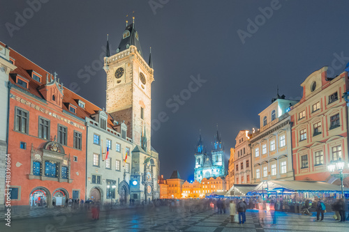 The historic gothic Old Town Square at night in Prague, Czech Republic.