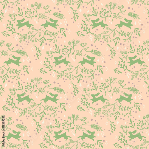 Two rabbits in flowers and leaves. Folk ornament in pastel colors. Seamless pattern