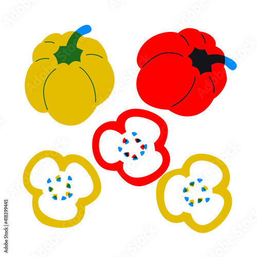 Set pepper and slices vector. Red and yellow pepper cartoon flat style. Vegetables abstract illustration. Pepper icon on a white background. Cooking ingredients. Vegetables for your design.