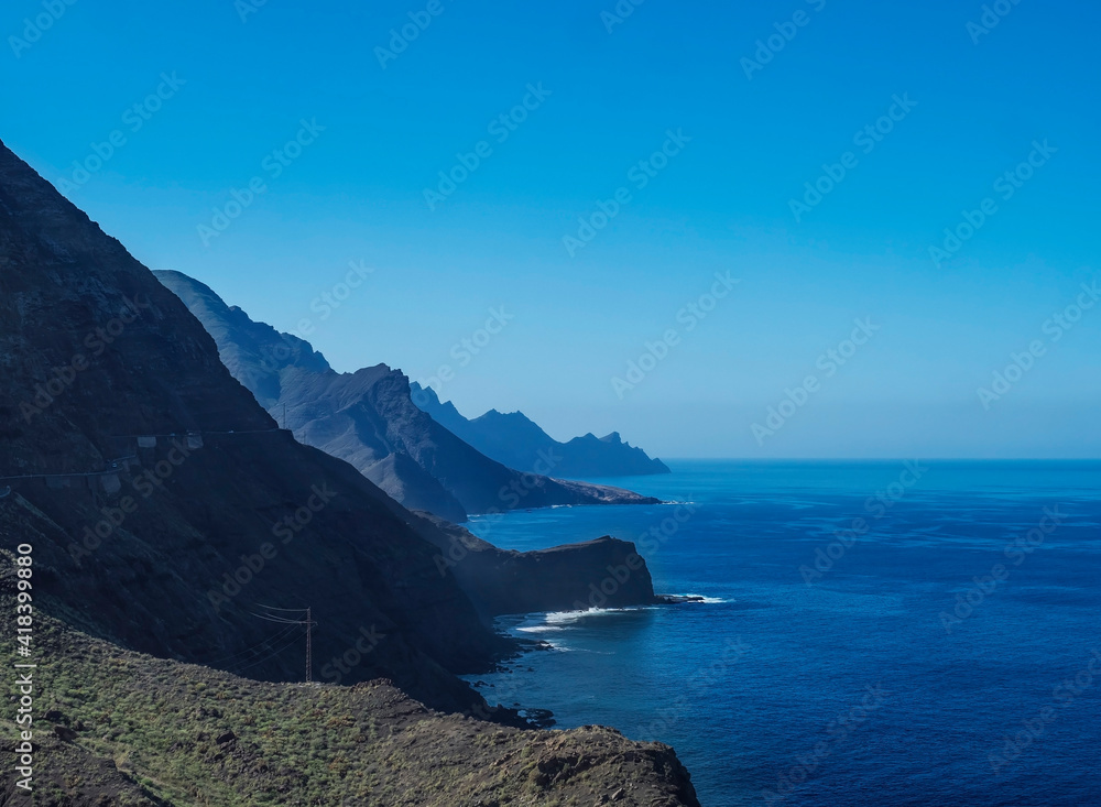 seascape view of cliffs and rocky atlantic coast in the north west of Gran Canaria. Road from Puerto de Las Nieves to Aldea de San Nicolas