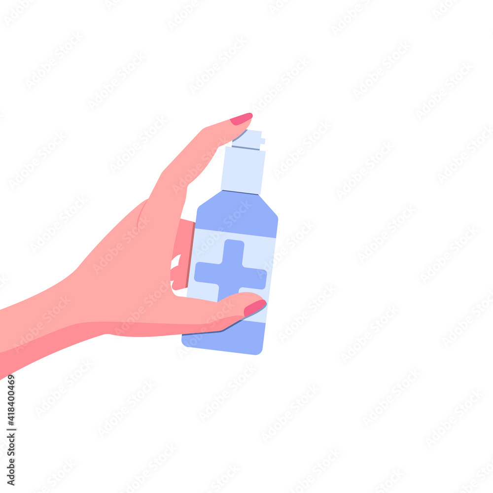 A woman's hand holds an antibacterial disinfectant spray, in a bottle with a cross. The finger presses on the spray, dispenser. Sanitary surface treatment, disinfection. Vector illustration. A woman's hand holds an antibacterial disinfectant spray, in a bottle with a cross. The finger presses on the spray, dispenser. Sanitary surface treatment, disinfection. Vector illustration.