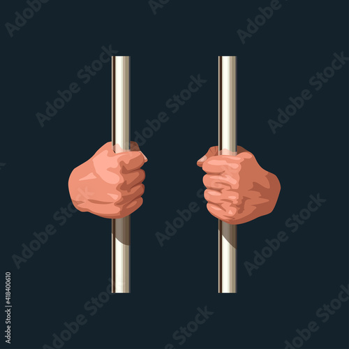prisoner hands holding metal bars on dark