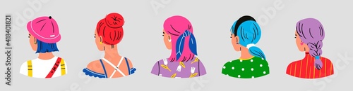 Set of young ladies with various Haircuts and accessories. Look from behind. Rear view. Women dressed in different clothes. Heads and shoulders. Beauty salon concept. Hand drawn Vector illustrations