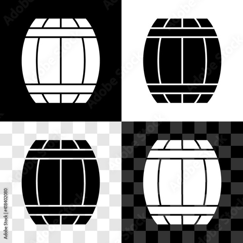 Set Gun powder barrel icon isolated on black and white, transparent background. TNT dynamite wooden old barrel. Vector.