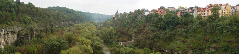 Panorama of the canyon of the Smotrych River from the observation deck in the city of Kamenets-Podolsky