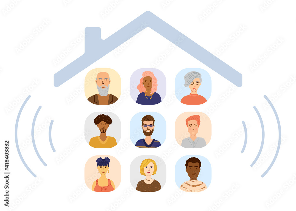 Illustration of icons with profiles of various people under the roof of the house. Clubhouse interface. The isolated image on a white background. Simple cute style. Illustration of icons with profiles of various people under the roof of the house. Clubhouse interface. The isolated image on a white background. Simple cute style.