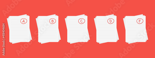 Evaluation system. Set of letters and grades of the teacher on paper. Vector flat illustration. photo