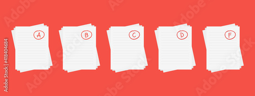 Evaluation system. Set of letters and grades of the teacher on paper. Vector flat illustration.