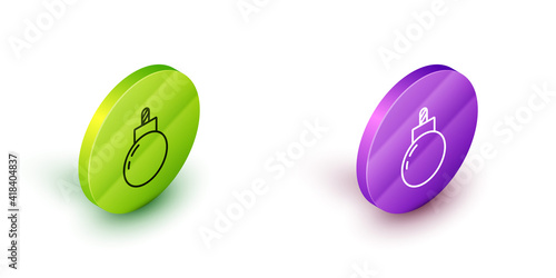 Isometric line Bomb ready to explode icon isolated on white background. Green and purple circle buttons. Vector.