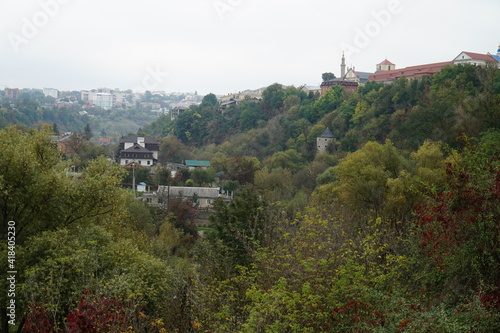 Streets with private houses in a beautiful picturesque canyon of the Smotrych River in the city of Kamenets-Podolsk