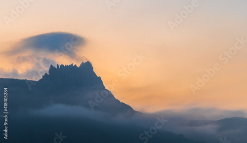 Sacred mountain Beshbarmaq in Azerbaijan at sunset