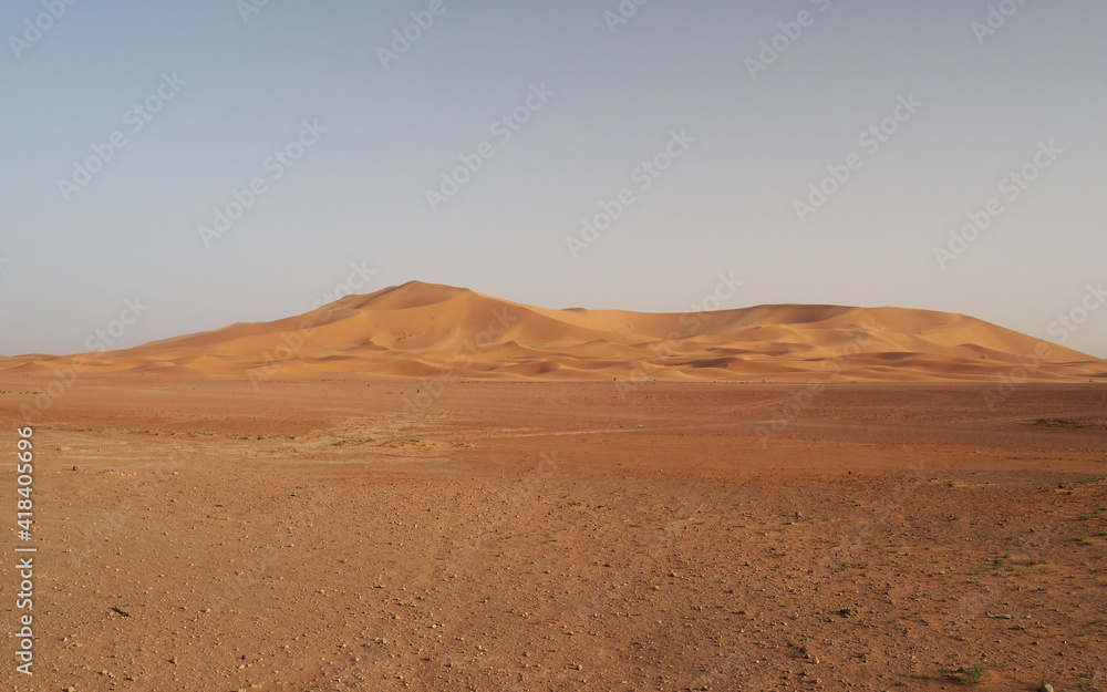 Sahara desert barkhan dune at sunset. View of sand dunes in Erg Chebbi in Sahara desert, Morocco. Sahara desert barkhan dune at sunset. View of sand dunes in Erg Chebbi in Sahara desert, Morocco.