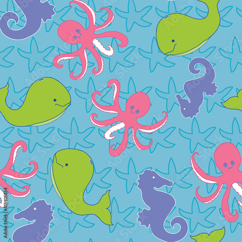seamless pattern baby seahorse whale octopus © Karla