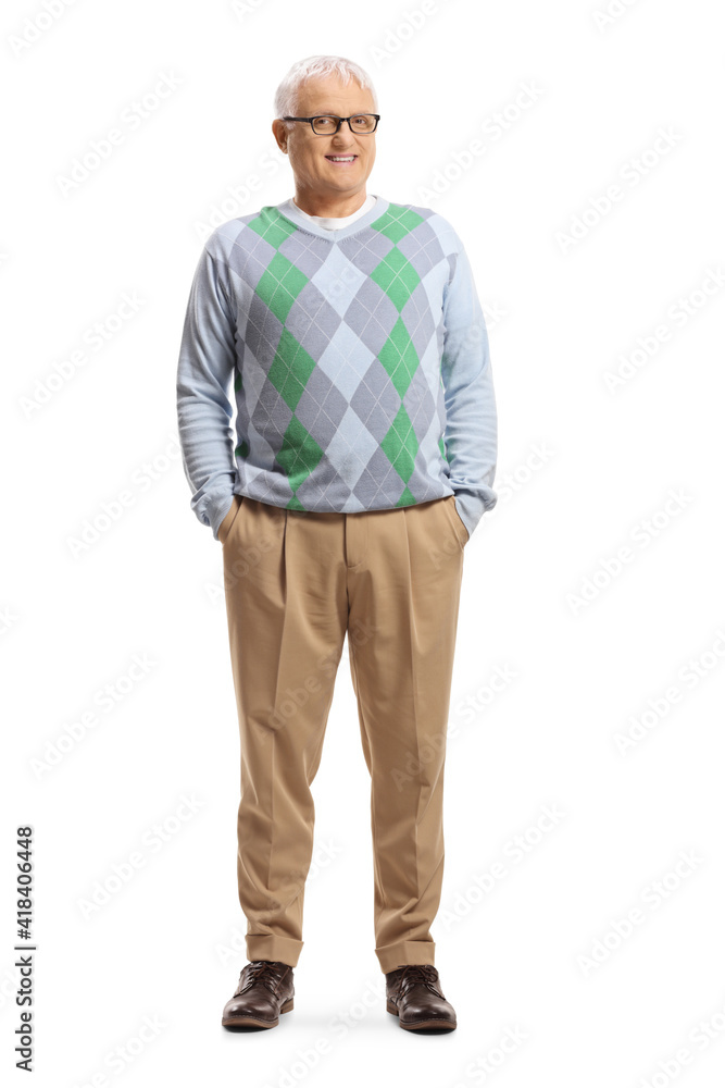 Full length portrait of a cheerful mature man with glasses posing Full length portrait of a cheerful mature man with glasses posing