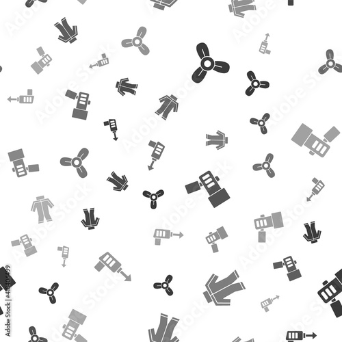Set Boat propeller, turbine, Wetsuit, Flashlight and Fishing harpoon on seamless pattern. Vector.