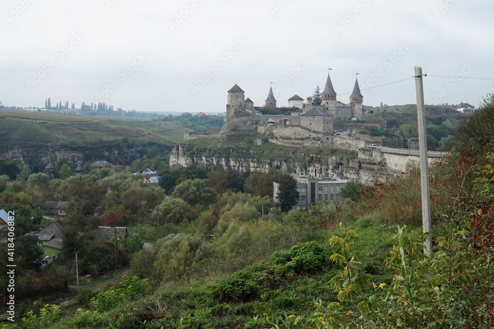 View of the Kamyanets-Podolsk fortress from afar. Ukraine.     