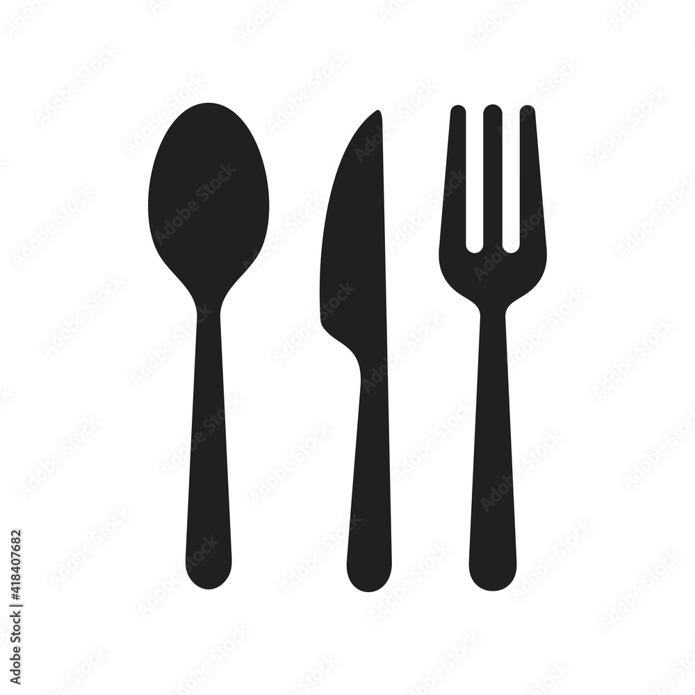 Spoon, knife, fork icon set, Dining silverware Silhouette, cutlery, Vector  illustration Stock Vector | Adobe Stock