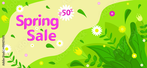 Spring Sale banner with lettering and bright flowers. Cute colorful vector illustration, flat style, dynamic composition, banner template