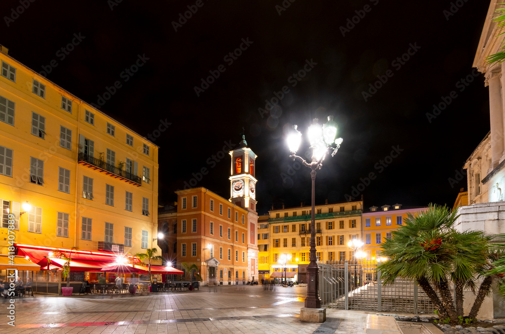 Late night shot of Rusca Palace and the Clock Tower, situated on the outskirts of the old town extending between Cours Saleya and Massena Square