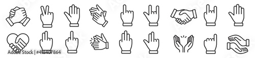 Hand gestures icon set in line style, Handshake, Soul brother handshake, hand palm care love, finger, helping. Donation hand gestures, charity hand, and more, vector illustration