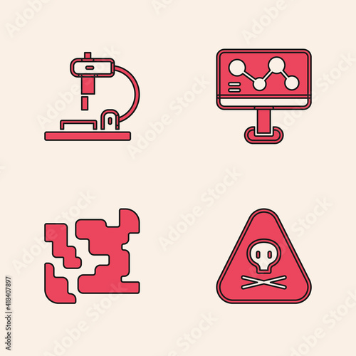 Set Triangle warning toxic, Microscope, Chemical formula and Gaseous icon. Vector.