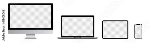 Realistic Device screen mockup. Isolated smartphone, tablet, laptop, PC monitor, with blank screen for you design. Silver color. Vector to PNG illustration