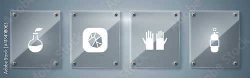 Set Propane gas tank, Medical rubber gloves, Salt stone and Plant breeding. Square glass panels. Vector.
