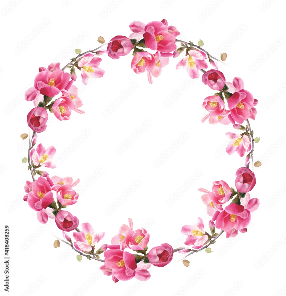 A wreath of cherry blossoms. Drawn by hand. Watercolor illustration for greeting cards, wedding invitations, spring decor. Pink romantic flowers for your design A wreath of cherry blossoms. Drawn by hand. Watercolor illustration for greeting cards, wedding invitations, spring decor. Pink romantic flowers for your design