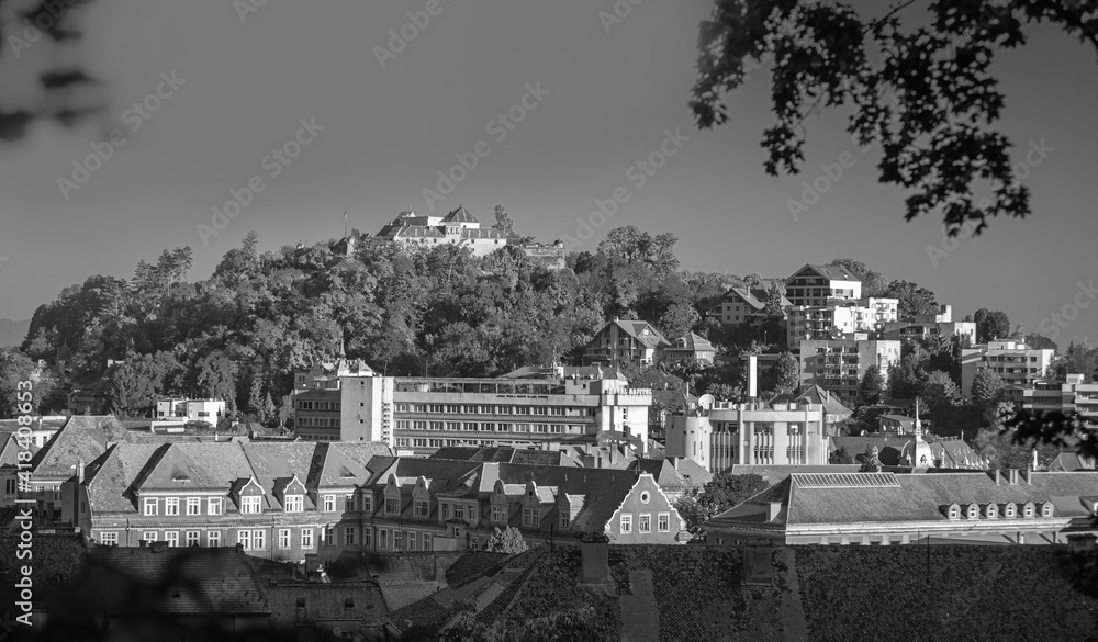 Panoramic view of Brasov city, the town of Transylvania in black & white colors, in Romania