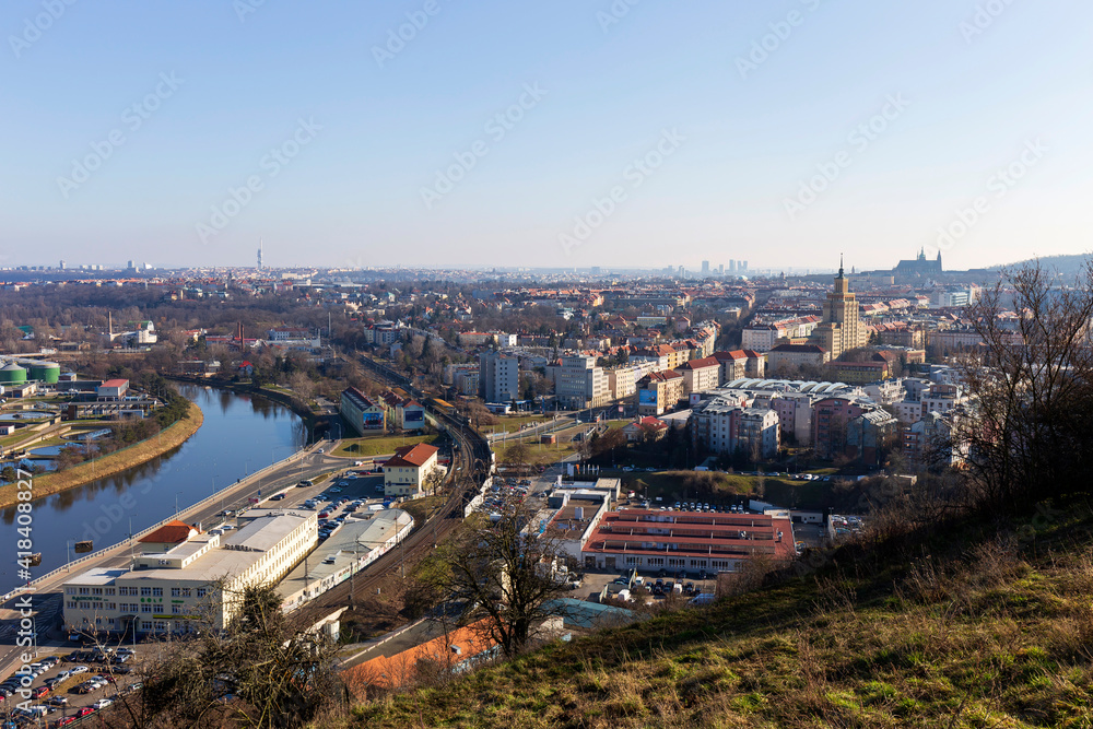 Winter Prague City from the Hill Baba in the sunny Day, Czech Republic