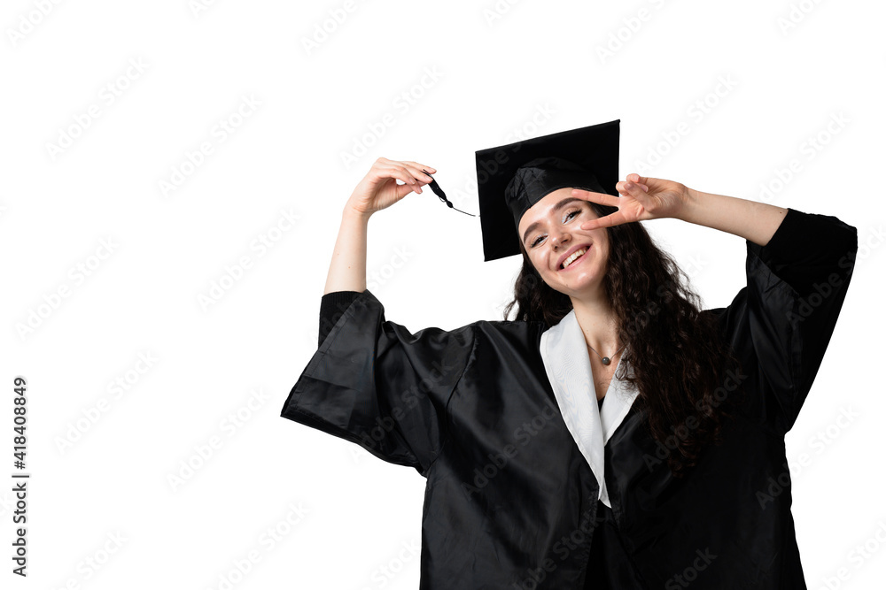 Graduate girl with master degree in black graduation gown and cap on white background. Happy young woman careerist have success in her business. Graduate girl with master degree in black graduation gown and cap on white background. Happy young woman careerist have success in her business.