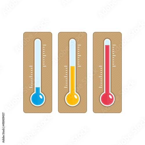 Temperature icons set in flat style. Simple meteorology thermometers measuring heat and cold isolated on white background. Thermometer showing hot, medium and cold weather. Vector illustration EPS 10. photo