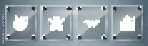 Set Error in robot, Drone, Mars rover and Broken. Square glass panels. Vector.