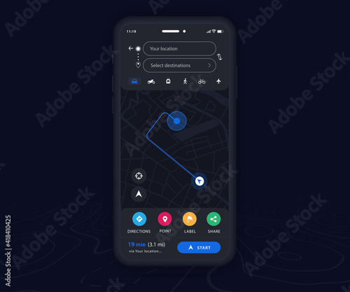 Map GPS navigation app dark mode ux ui on smartphone concept, Mobile map application, App search map navigation, Technology map, City street navigation maps, gps tracking, App dark mode, Vector