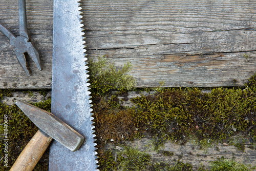 Εκτύπωση καμβά Vintage hand-made tools against a backdrop of old planks covered with moss