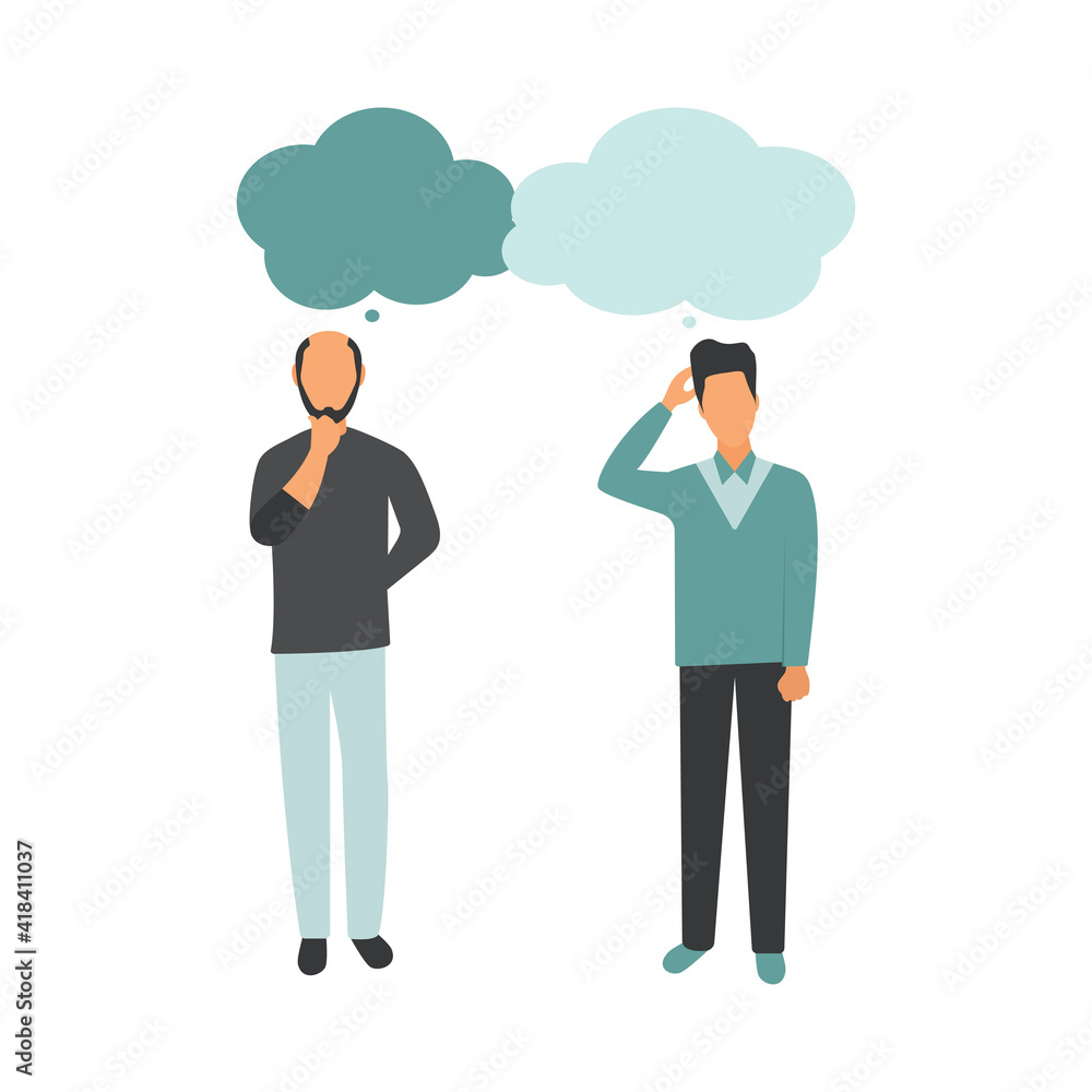 Vector illustration, flat style, people talk. People with thoughts on a white background. Vector illustration, flat style, people talk. People with thoughts on a white background.