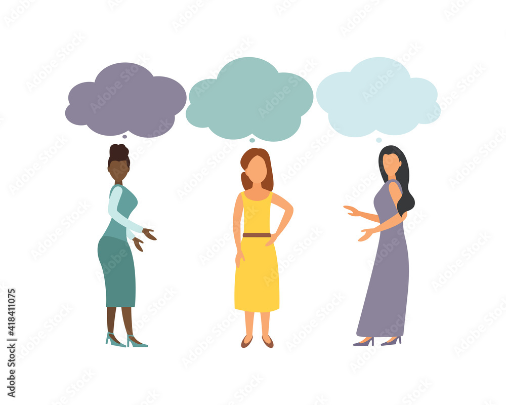 Vector illustration, flat style, women speak. Women with thoughts on a white background. Vector illustration, flat style, women speak. Women with thoughts on a white background.
