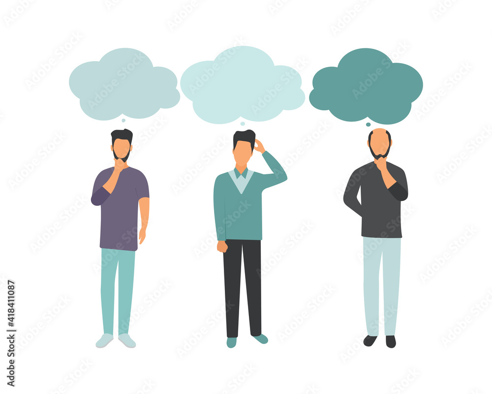 Vector illustration, flat style, people talk. People with thoughts on a white background. Vector illustration, flat style, people talk. People with thoughts on a white background.