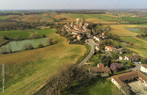 Aerial view of a French village in Occitanie, Gers