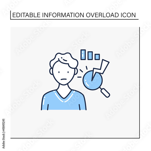 Analysis paralysis line icon.Excessive thinking of information can lead to its paralysis.Stop thinking about information.Information overload concept. Isolated vector illustration.Editable stroke