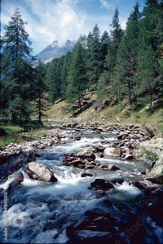 Gebirgsbach im Pfelder Tal  Fischwasser f  r Angler. Pfelders  Passeier  S  dtirol  Italien   --   Mountain stream in the Pfelder valley  fish waters for anglers. Pfelders  Passeier  South Tyrol  Italy